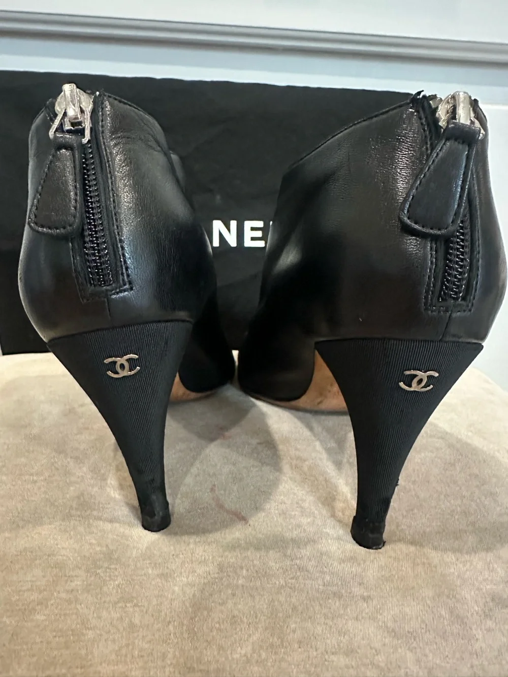 CHANEL Black Leather Heeled Ankle Boots